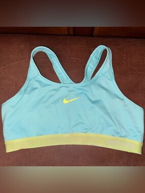 Nike Pro Women's Light Blue Sports Bra with Yellow Trim